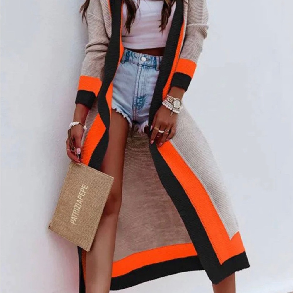 #14 Cersei Colour Block Longline Knitted Open Cardigan-Orange - LAST ONE - Picture 5 of 8